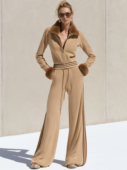 Sporty Retro Faux Fur Khaki Cotton Jacket Sweatshirt And Pants Set