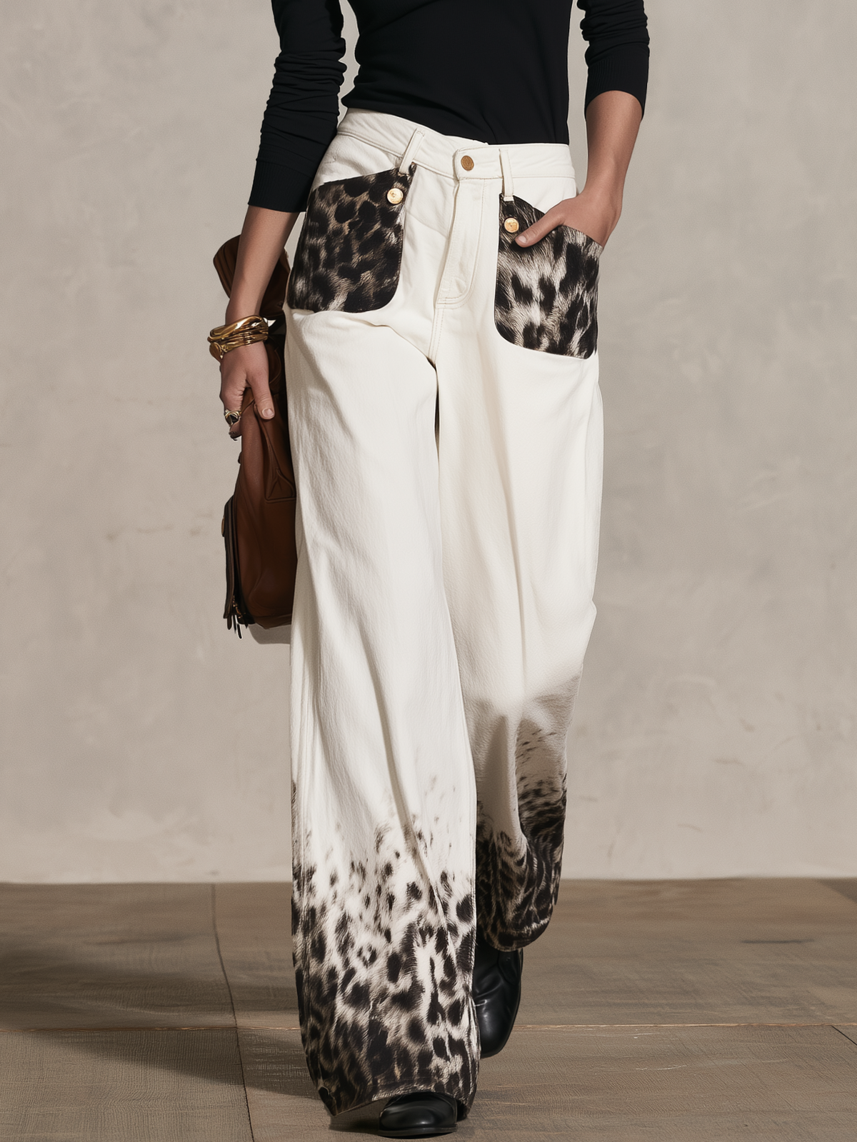 Retro Leopard Gradient Wide-Leg Jeans For Women Vintage High Rise Denim