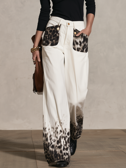 Retro Leopard Gradient Wide-Leg Jeans For Women Vintage High Rise Denim