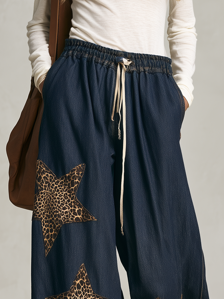 Vintage Leopard Star Wide-Leg Denim Pants With Drawstring Waist