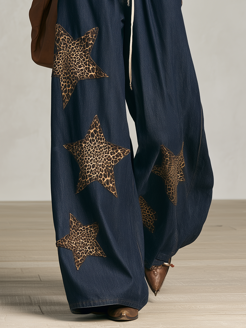 Vintage Leopard Star Wide-Leg Denim Pants With Drawstring Waist