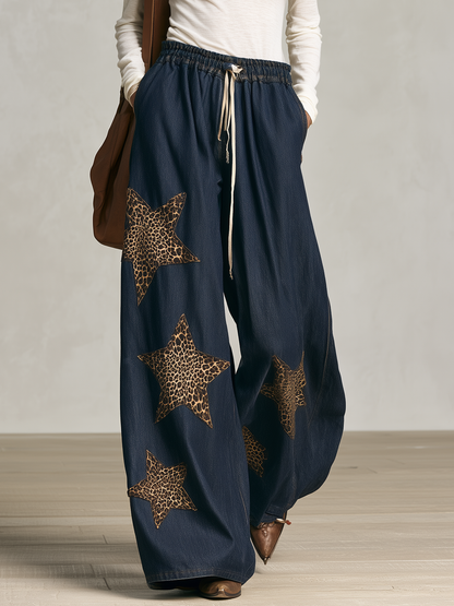 Vintage Leopard Star Wide-Leg Denim Pants With Drawstring Waist
