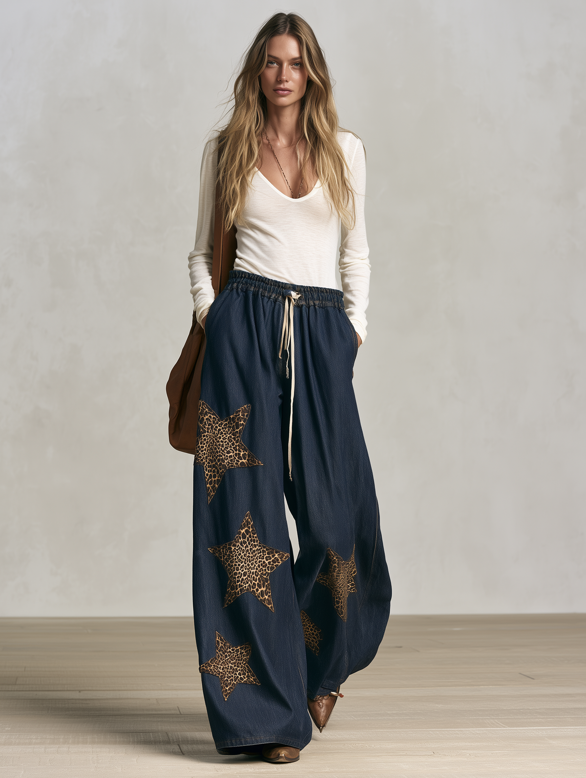 Vintage Leopard Star Wide-Leg Denim Pants With Drawstring Waist
