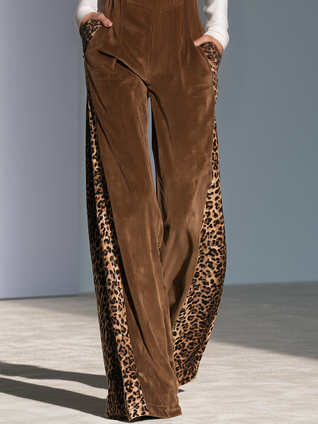 Retro Chic Leopard Print Corduroy Wide-Leg Overalls With Adjustable Straps