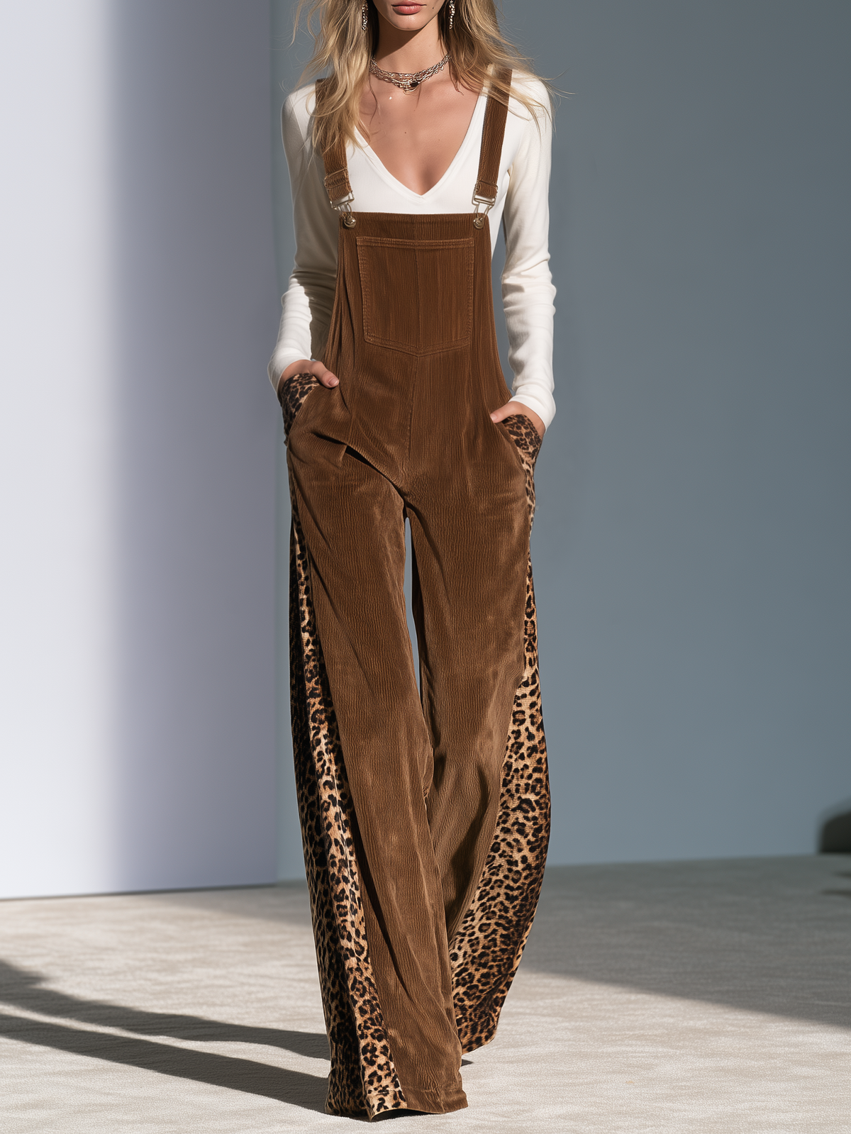 Retro Chic Leopard Print Corduroy Wide-Leg Overalls With Adjustable Straps