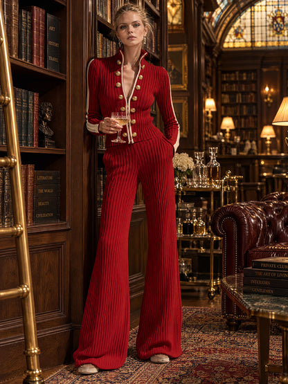 Retro-style Military-inspired Slim-fit Red Knit Jacket And Pants Set
