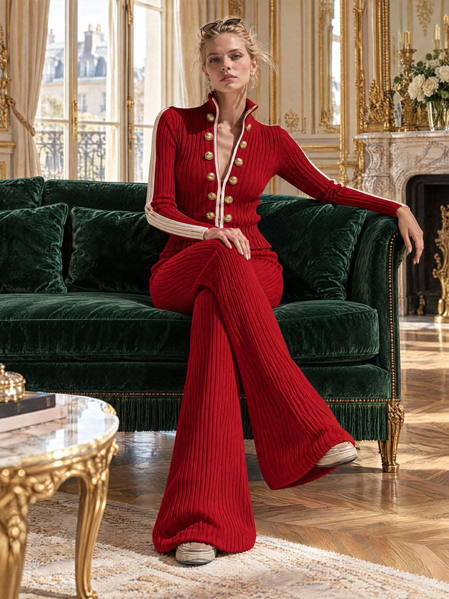 Retro-style Military-inspired Slim-fit Red Knit Jacket And Pants Set