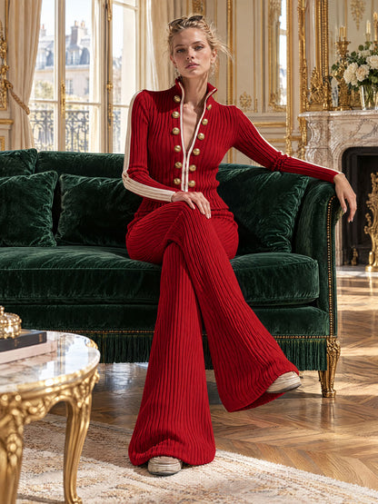 Retro-style Military-inspired Slim-fit Red Knit Jacket And Pants Set