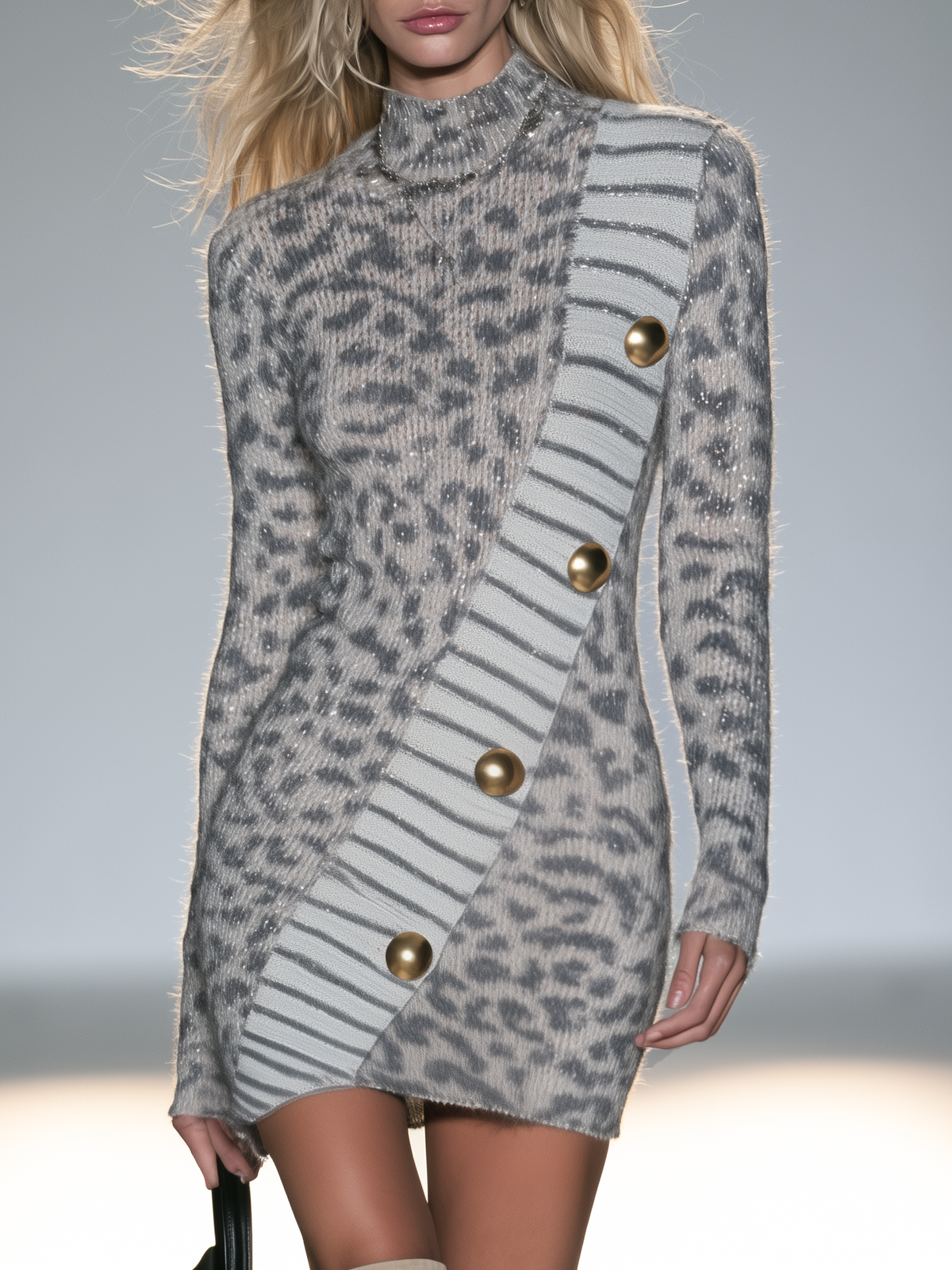 Retro Gold Silver Metallic Knit Leopard Mini Skirt For Women