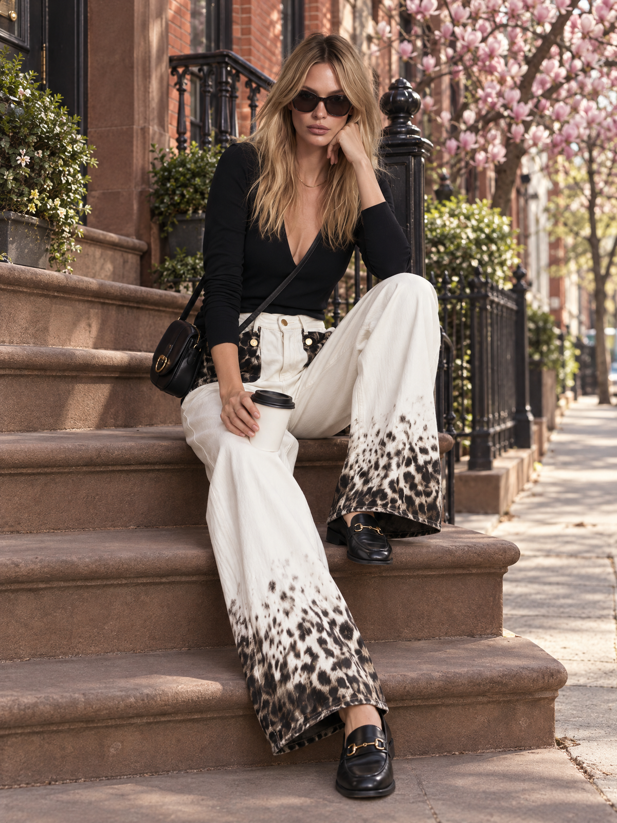 Retro Leopard Gradient Wide-Leg Jeans For Women Vintage High Rise Denim