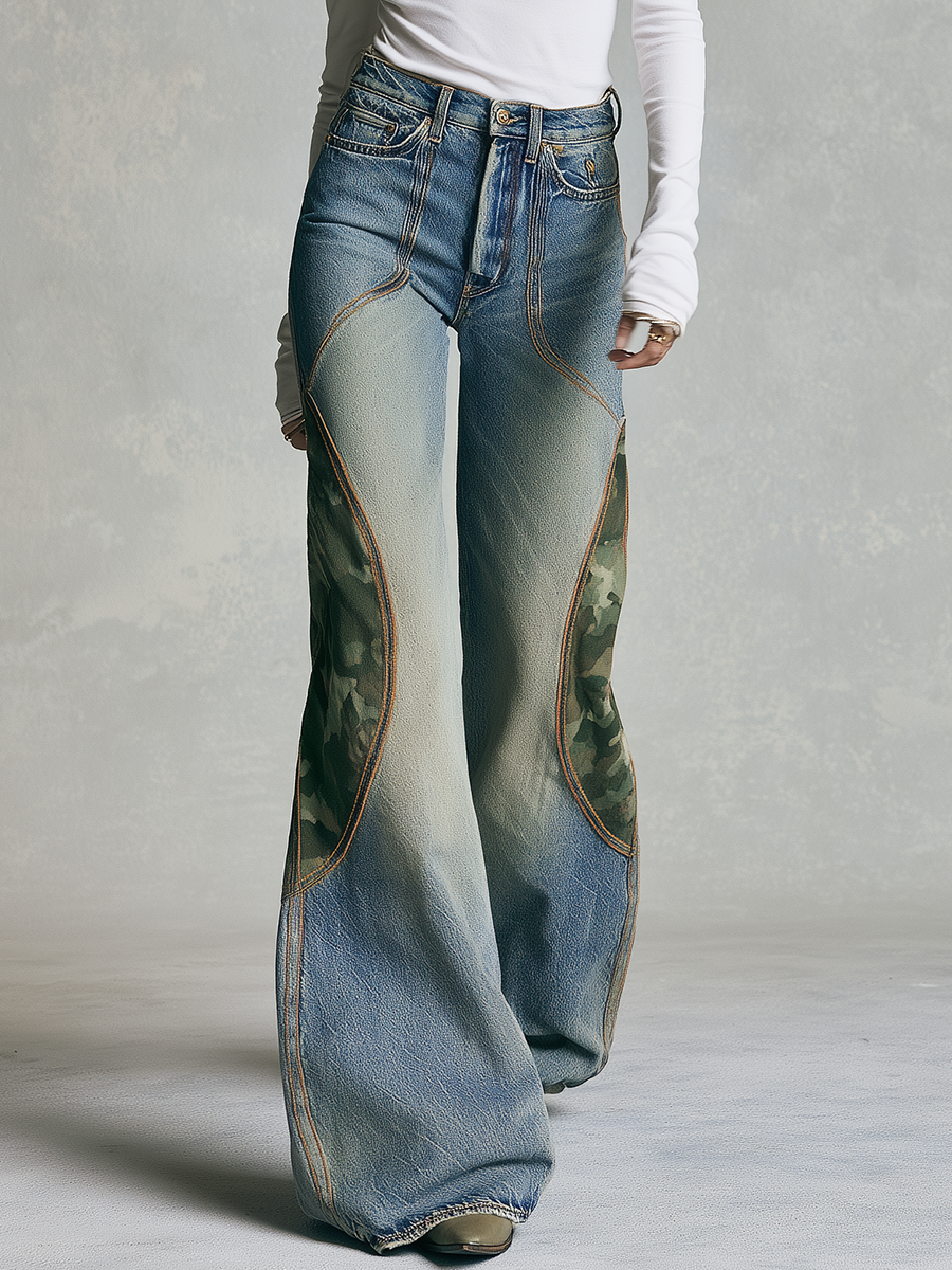 Edgy Vintage Blue Women Camo Inset Wide Leg Denim Jeans