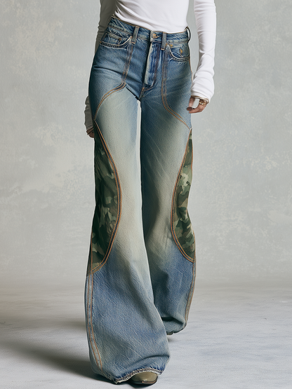 Edgy Vintage Blue Women Camo Inset Wide Leg Denim Jeans