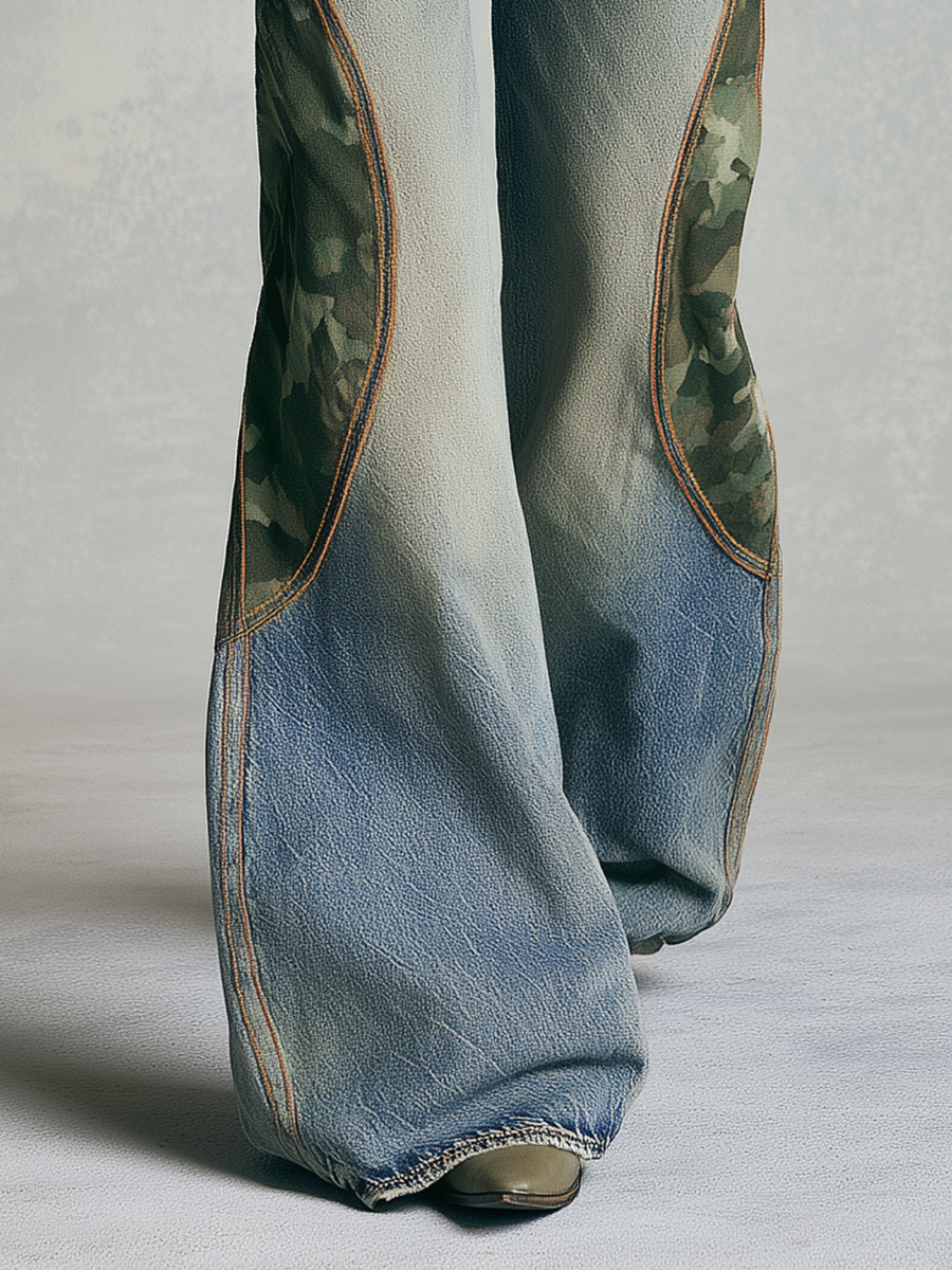 Edgy Vintage Blue Women Camo Inset Wide Leg Denim Jeans