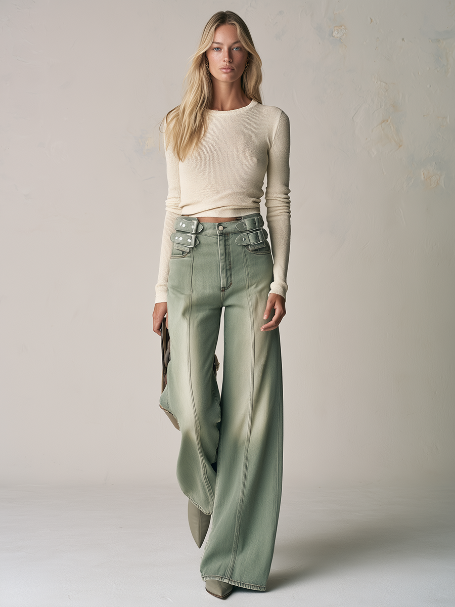 Utility Sage Green Women High Waist Buckle Wide Leg Denim Jeans