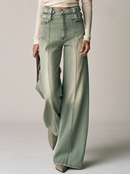 Utility Sage Green Women High Waist Buckle Wide Leg Denim Jeans