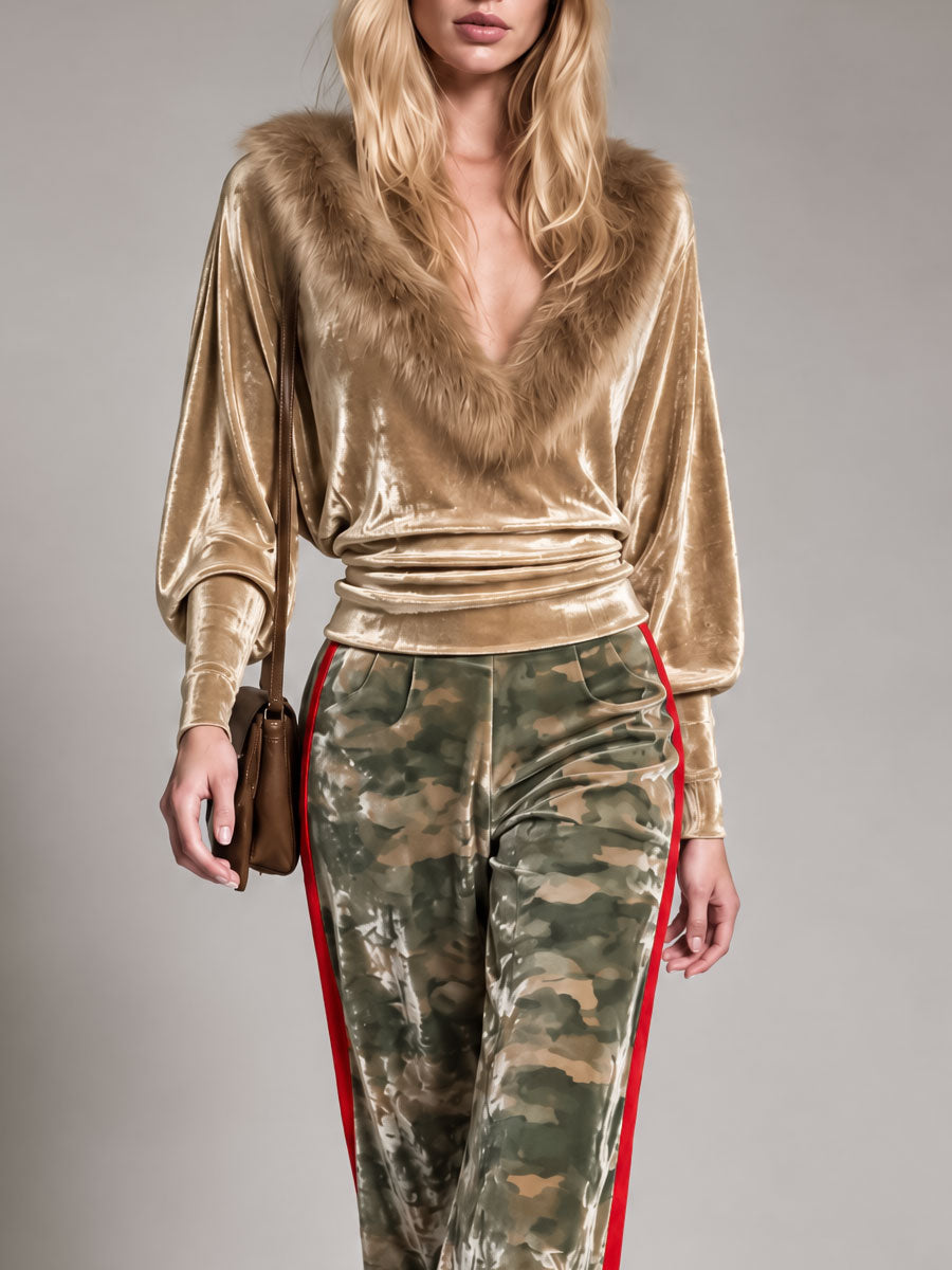 Fashionable Retro Faux Fur Collar Velvet Top And Camouflage Velvet Pants Set