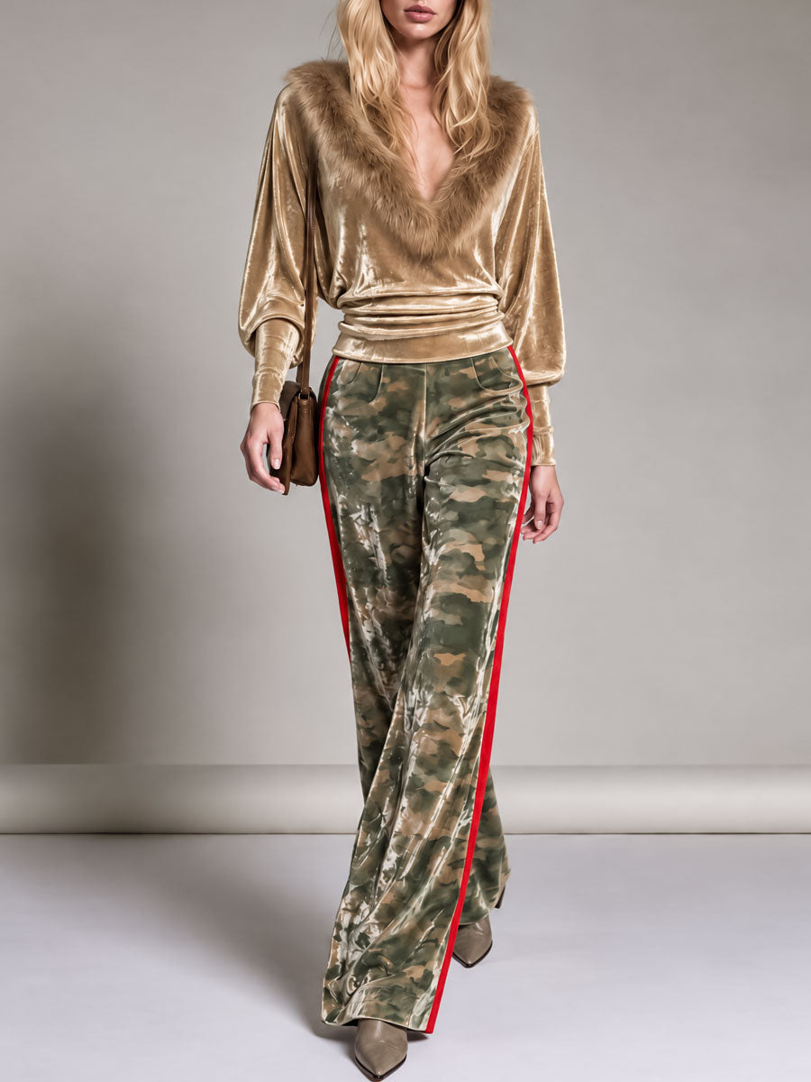 Fashionable Retro Faux Fur Collar Velvet Top And Camouflage Velvet Pants Set