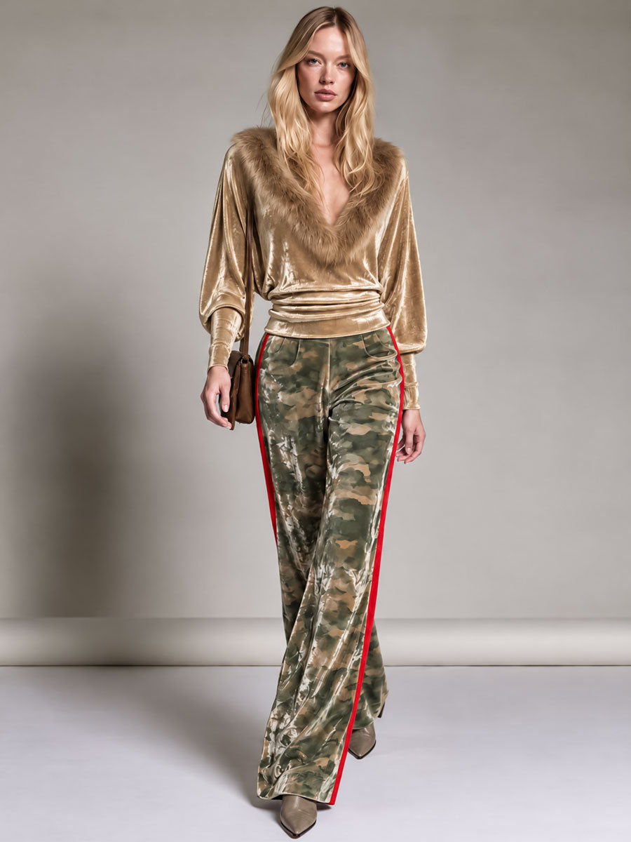 Fashionable Retro Faux Fur Collar Velvet Top And Camouflage Velvet Pants Set