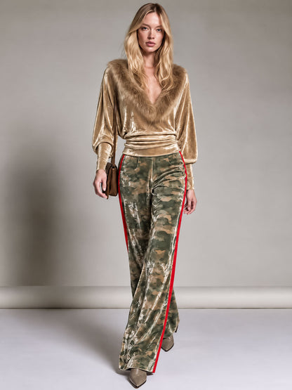 Fashionable Retro Faux Fur Collar Velvet Top And Camouflage Velvet Pants Set