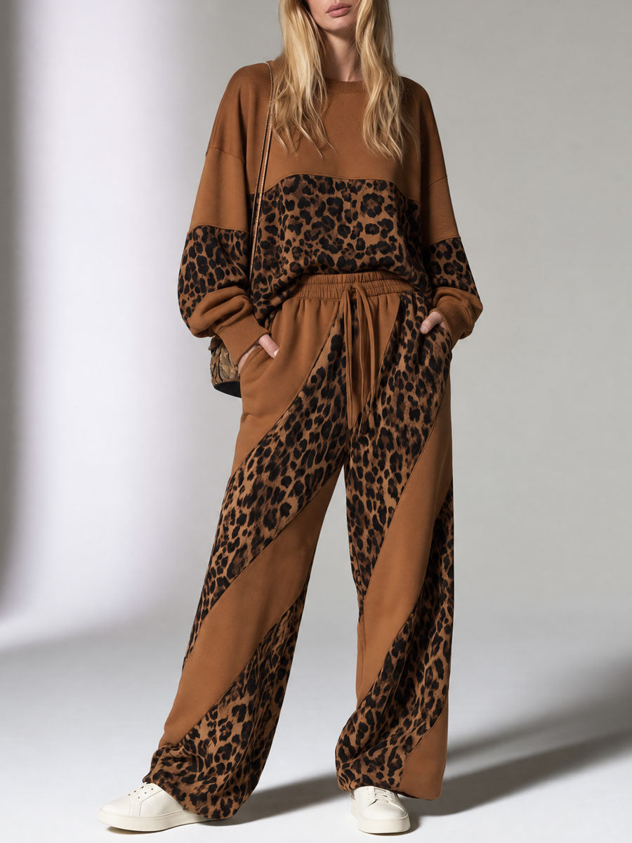 Casual Retro Leopard Print Velvet Patchwork Brown Cotton Sweatshirt And Pants Set