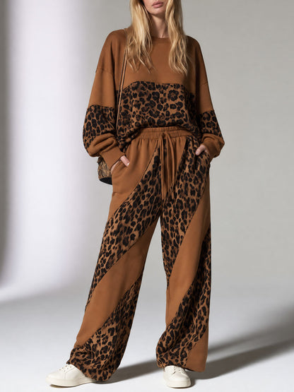 Casual Retro Leopard Print Velvet Patchwork Brown Cotton Sweatshirt And Pants Set
