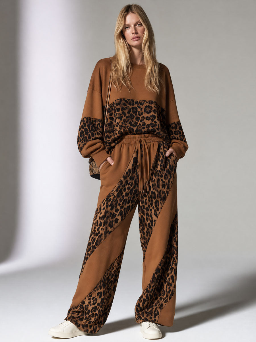 Casual Retro Leopard Print Velvet Patchwork Brown Cotton Sweatshirt And Pants Set