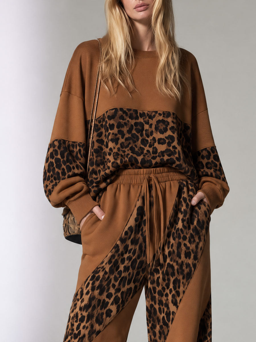 Casual Retro Leopard Print Velvet Patchwork Brown Cotton Sweatshirt And Pants Set