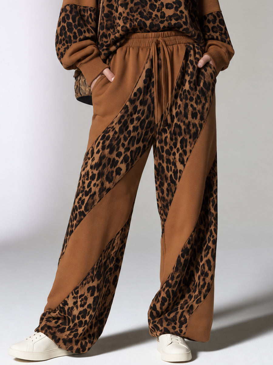 Casual Retro Leopard Print Velvet Patchwork Brown Cotton Sweatshirt And Pants Set