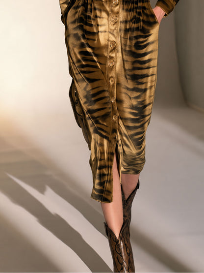 Retro-elegant Zebra Print Gold Velvet Midi Dress