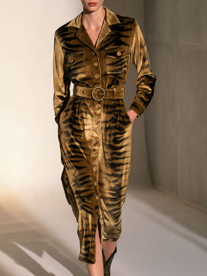 Retro-elegant Zebra Print Gold Velvet Midi Dress