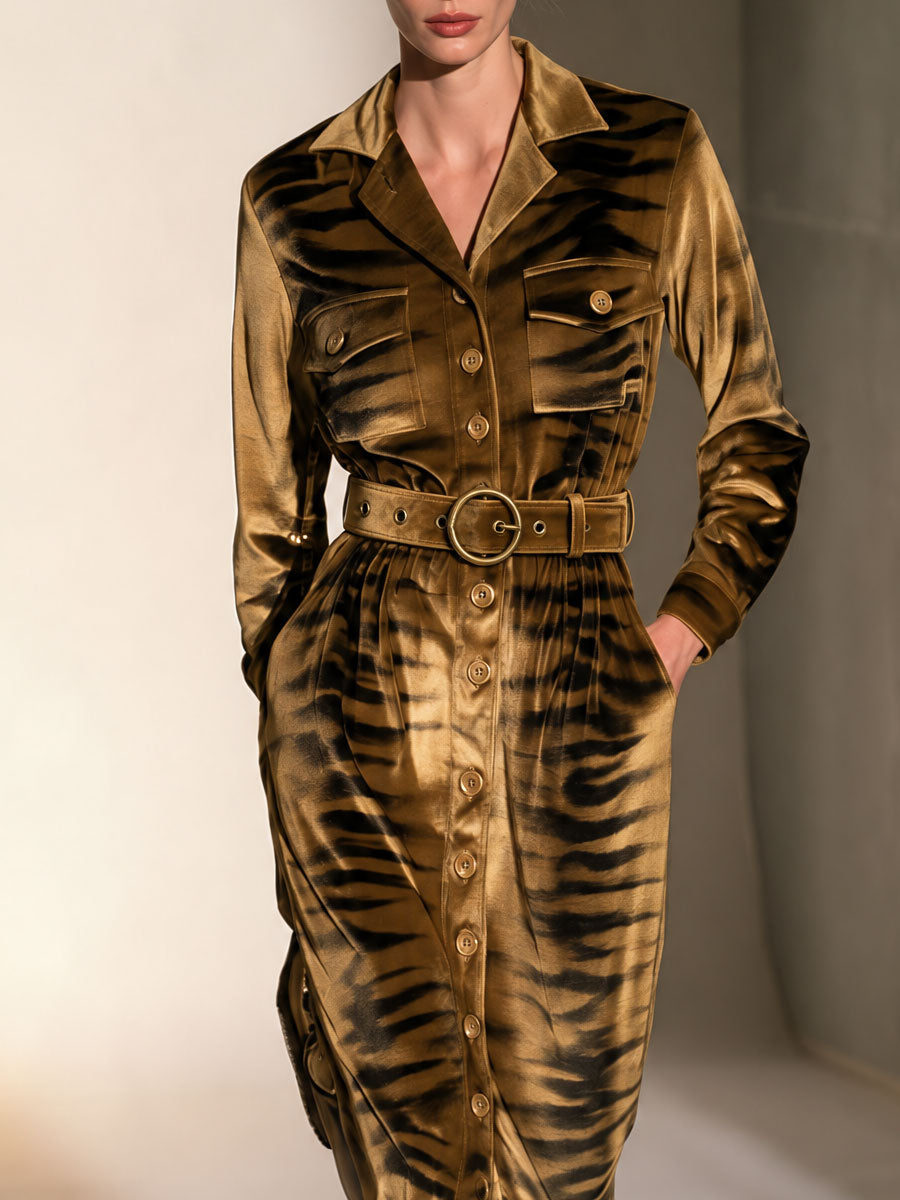 Retro-elegant Zebra Print Gold Velvet Midi Dress