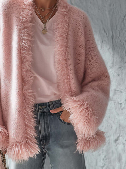 Elegant Pink Faux Fur Trim Fuzzy Knit Open Front Oversized Women Cardigan