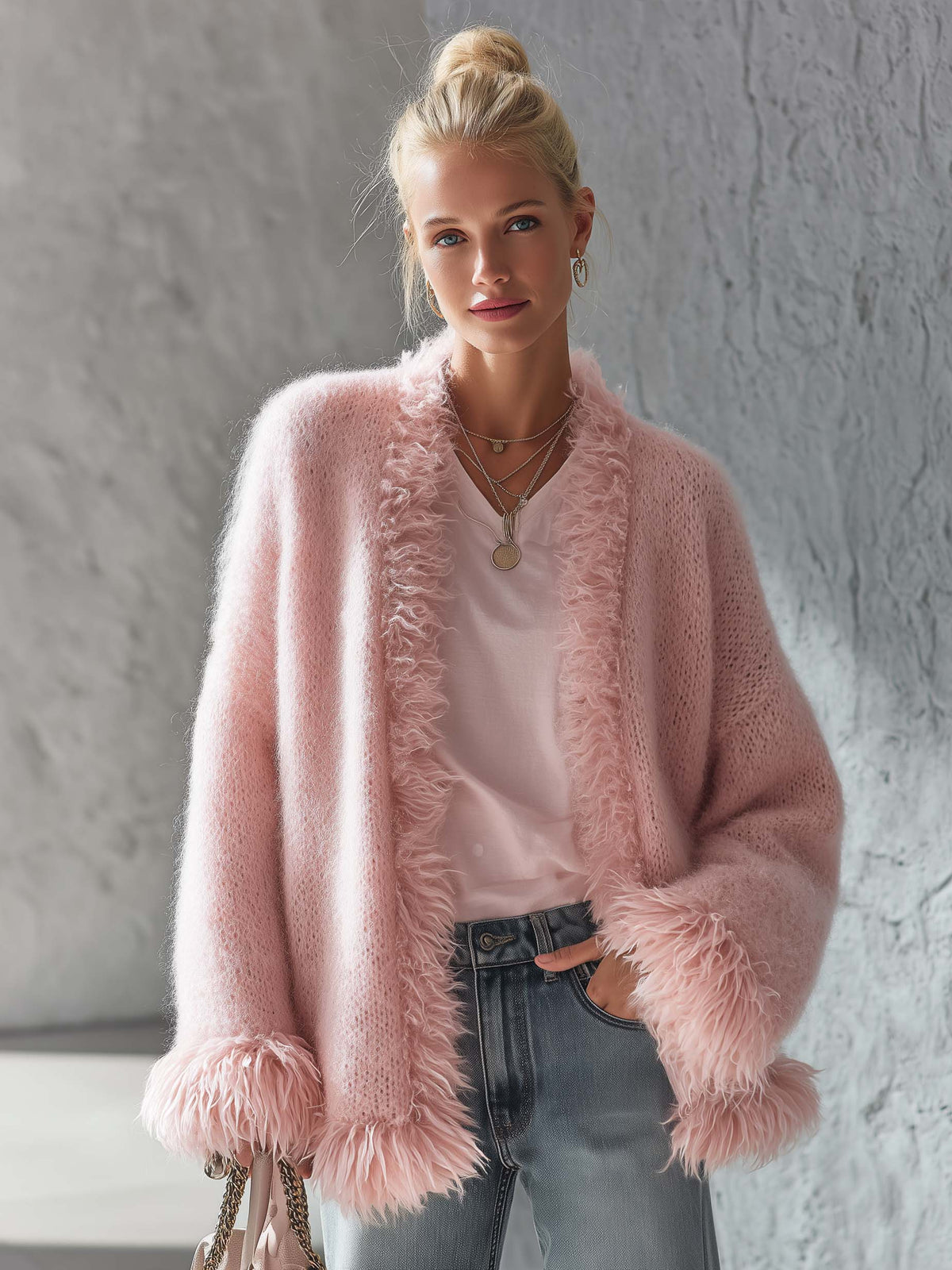 Elegant Pink Faux Fur Trim Fuzzy Knit Open Front Oversized Women Cardigan