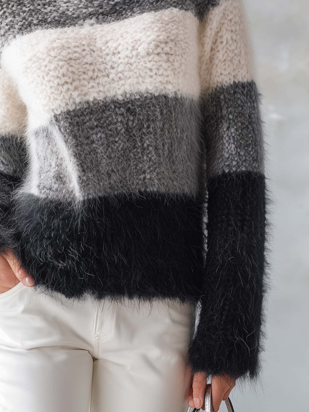 Chic Color Block Fuzzy Striped Oversized Boat Neck Mohair Sweater