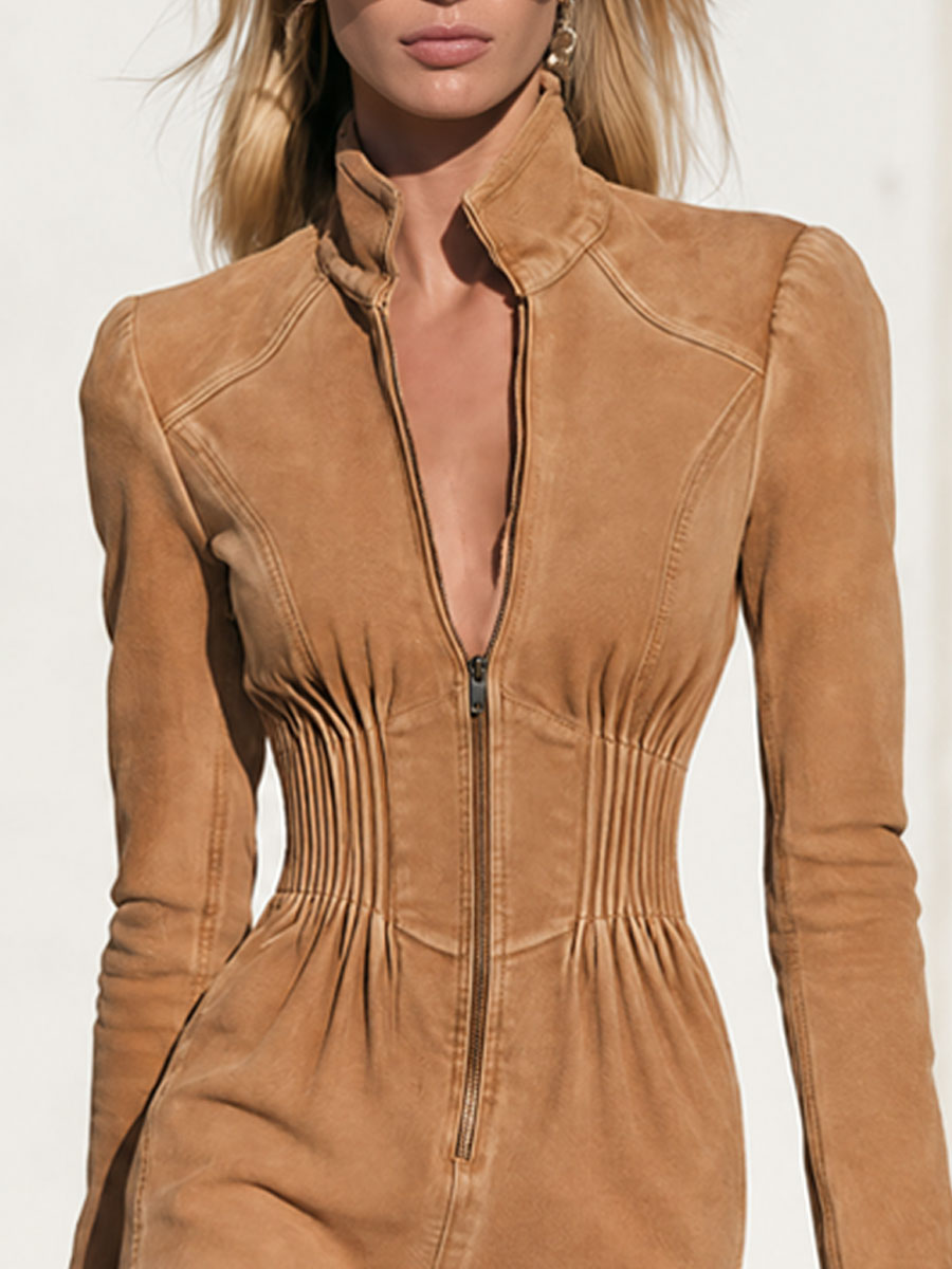 Fashionable Retro Pleated Frayed Edges Faded Camel Denim Long-sleeved Mini Dress