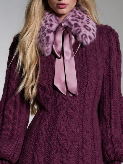 Classic Leopard Print Tie-neck Purple Ruffled Cable Knit Mini Dress