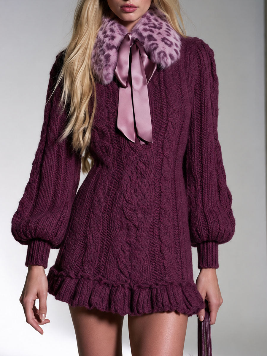 Classic Leopard Print Tie-neck Purple Ruffled Cable Knit Mini Dress
