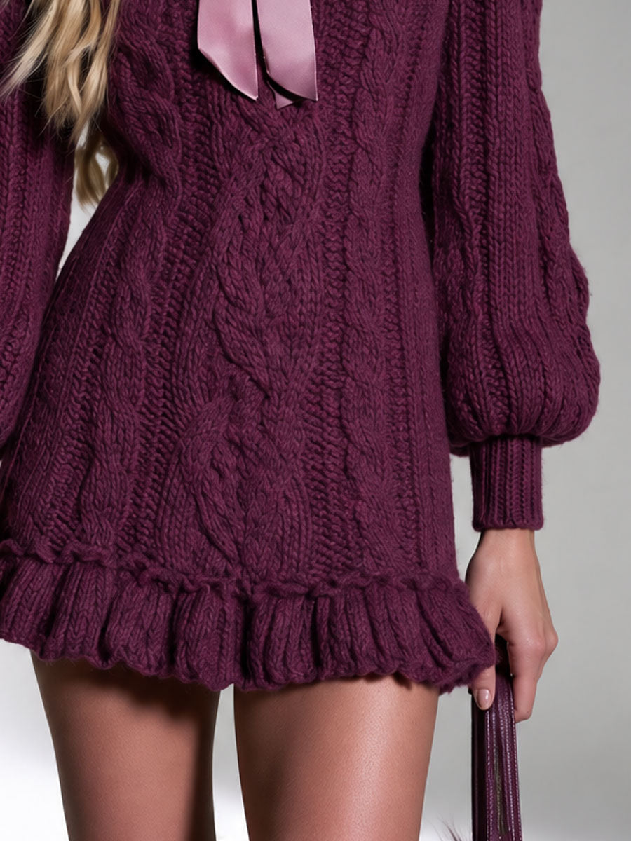 Classic Leopard Print Tie-neck Purple Ruffled Cable Knit Mini Dress