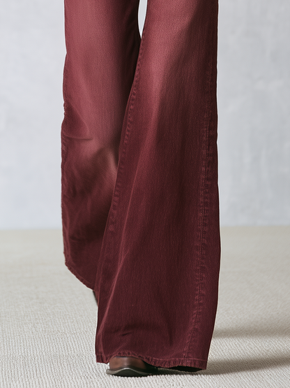 Retro Burgundy Women High Rise Grommet Belt Flare Denim Jeans