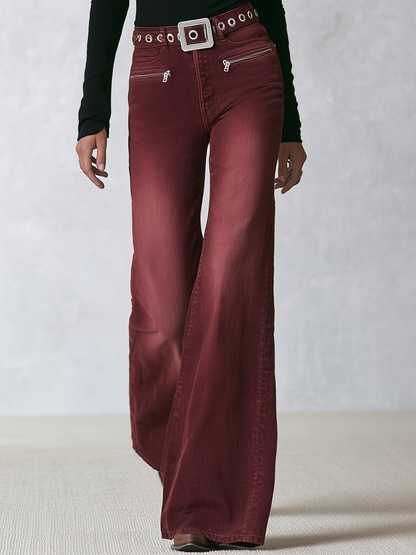 Retro Burgundy Women High Rise Grommet Belt Flare Denim Jeans