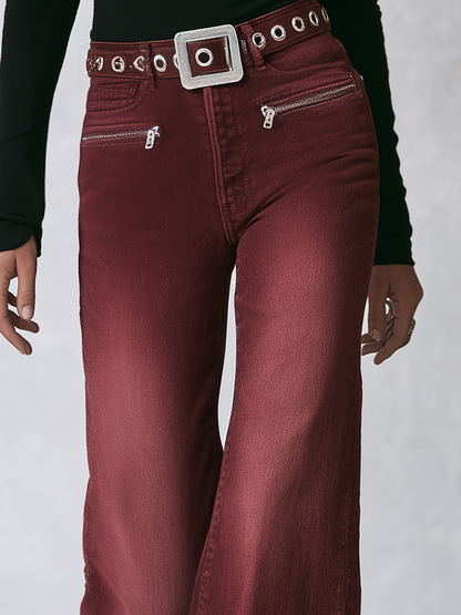 Retro Burgundy Women High Rise Grommet Belt Flare Denim Jeans