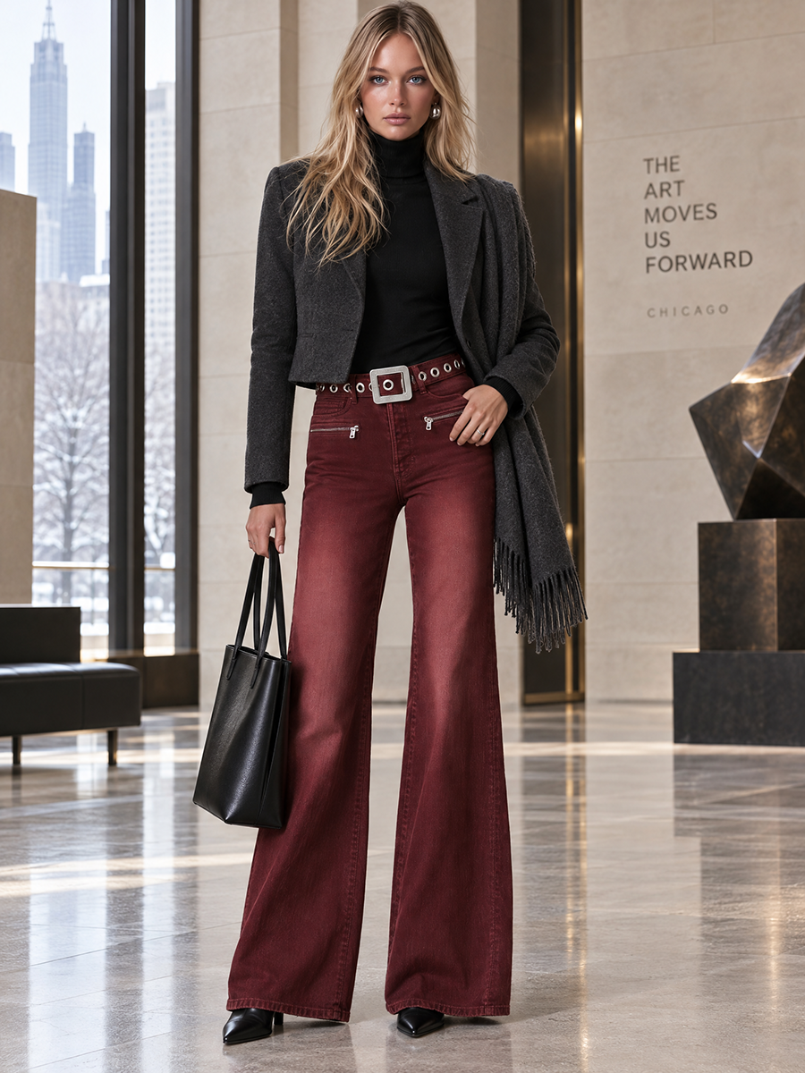 Retro Burgundy Women High Rise Grommet Belt Flare Denim Jeans