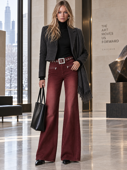 Retro Burgundy Women High Rise Grommet Belt Flare Denim Jeans