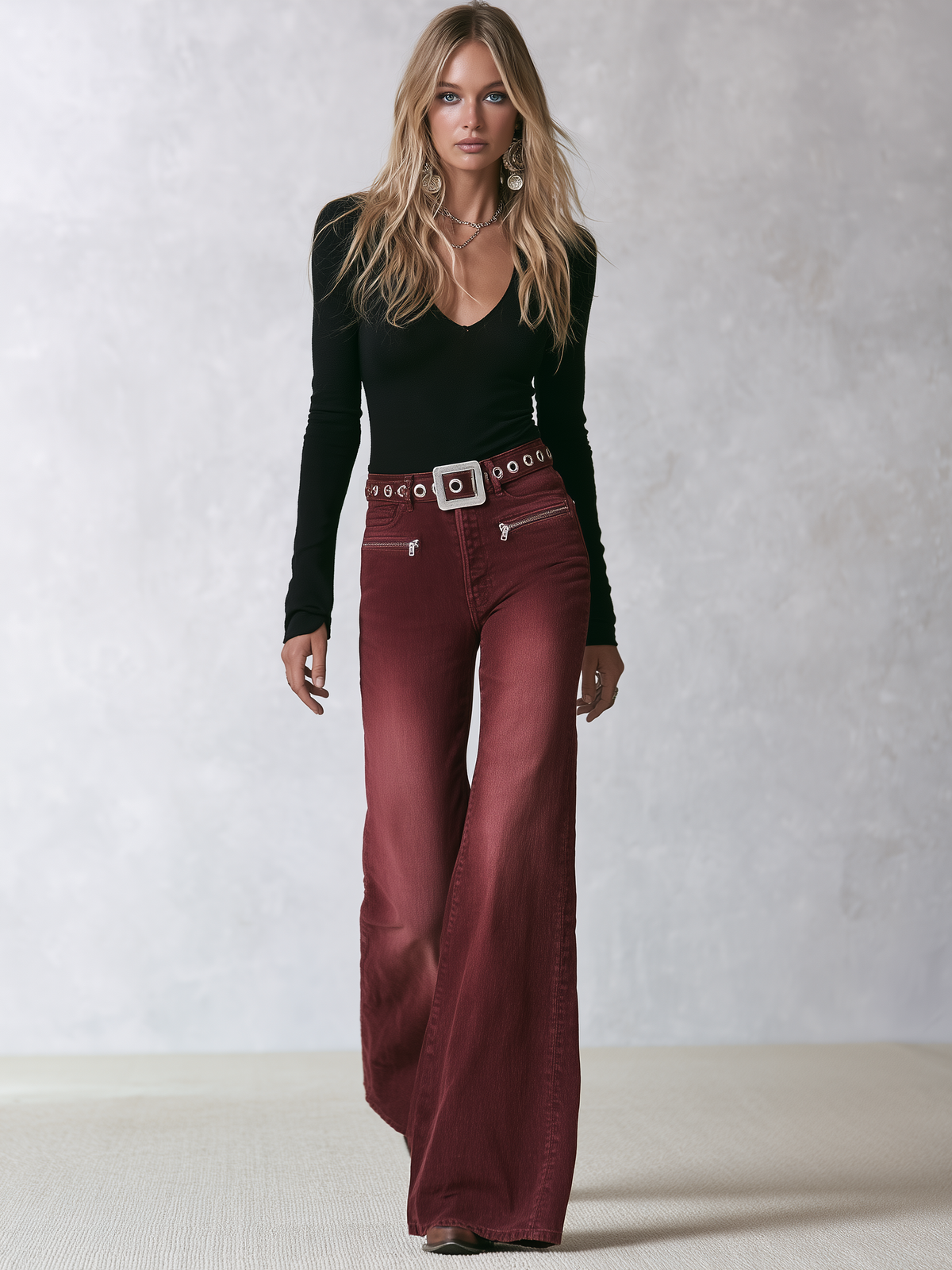 Retro Burgundy Women High Rise Grommet Belt Flare Denim Jeans
