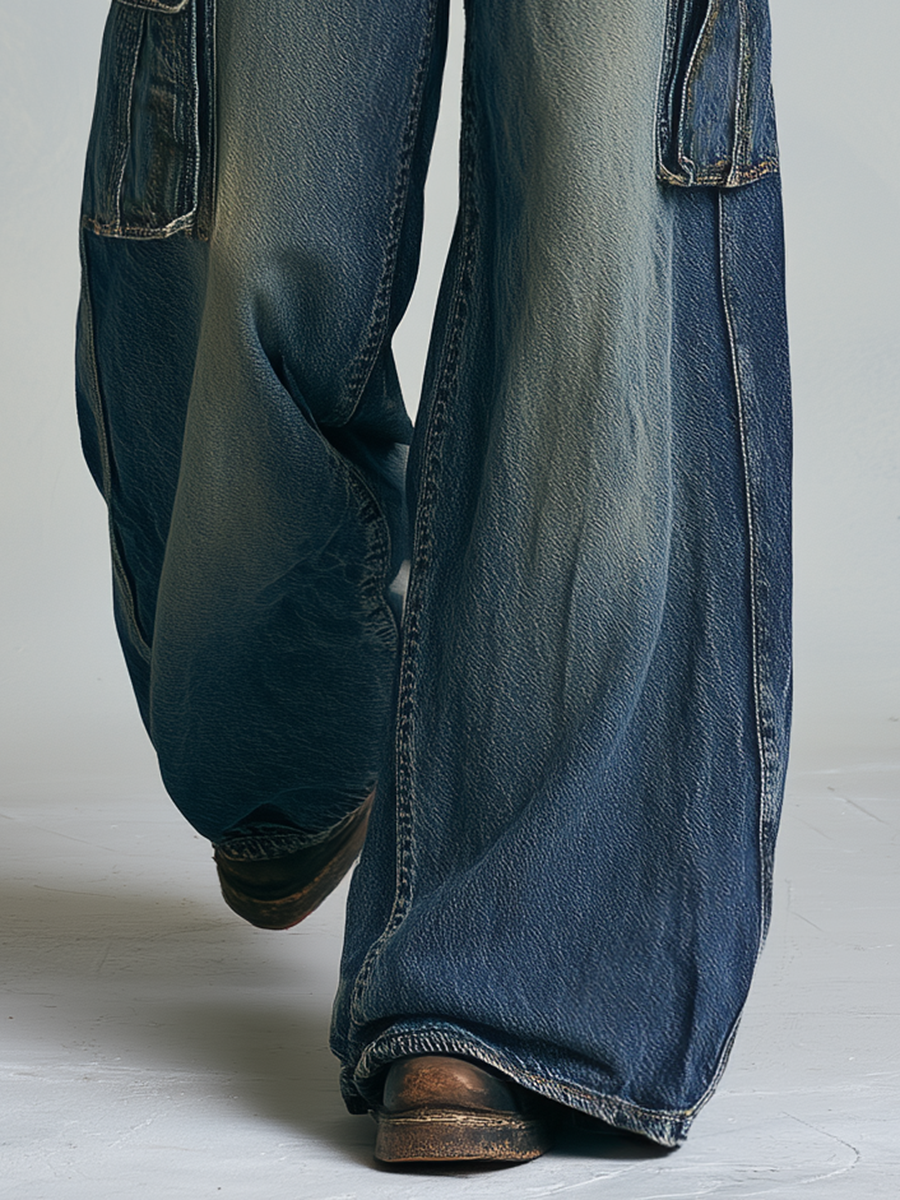 Streetwear Dark Blue Women Camo Patch Cargo Wide Leg Denim Jeans