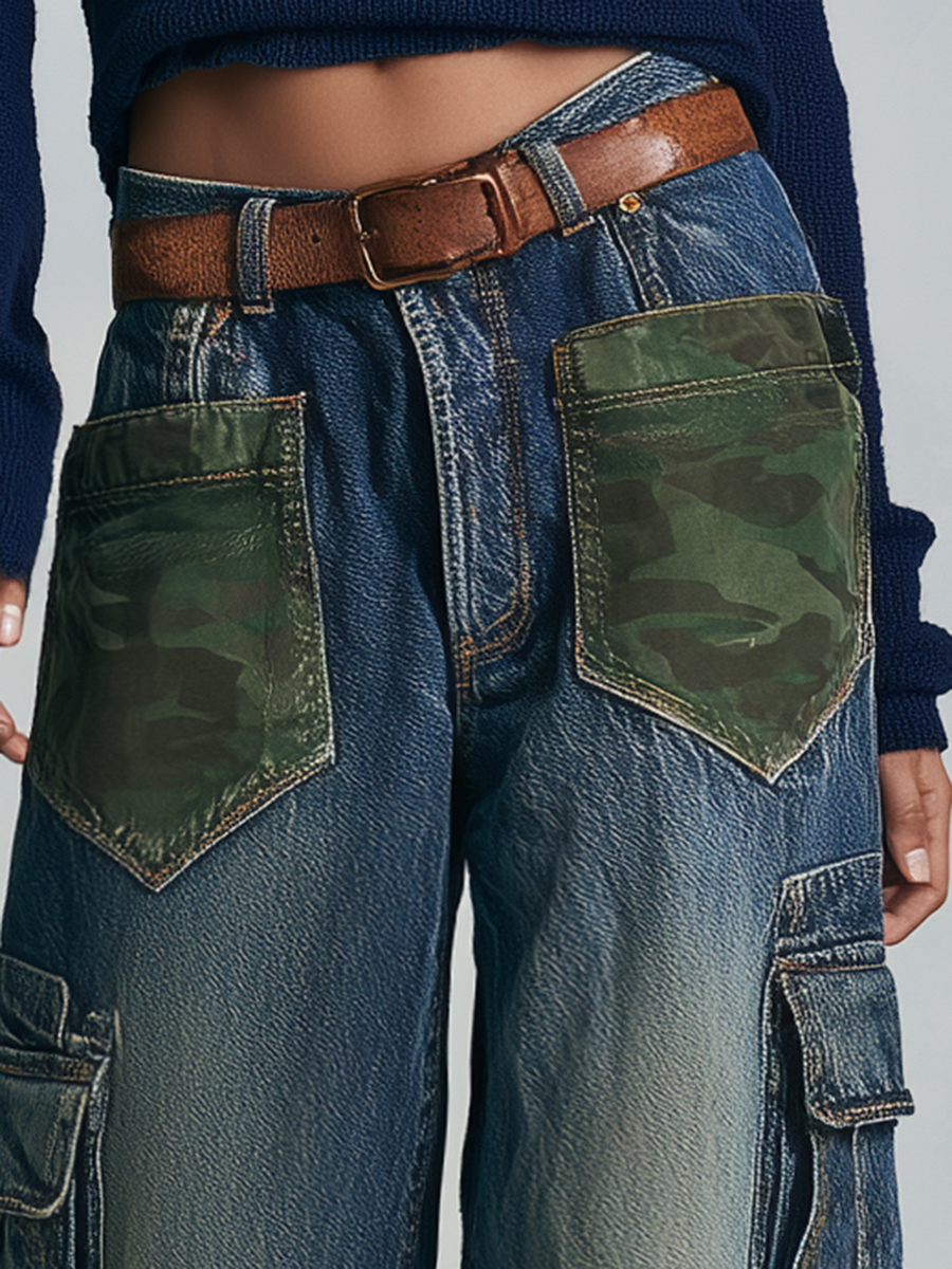 Streetwear Dark Blue Women Camo Patch Cargo Wide Leg Denim Jeans