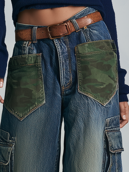 Streetwear Dark Blue Women Camo Patch Cargo Wide Leg Denim Jeans