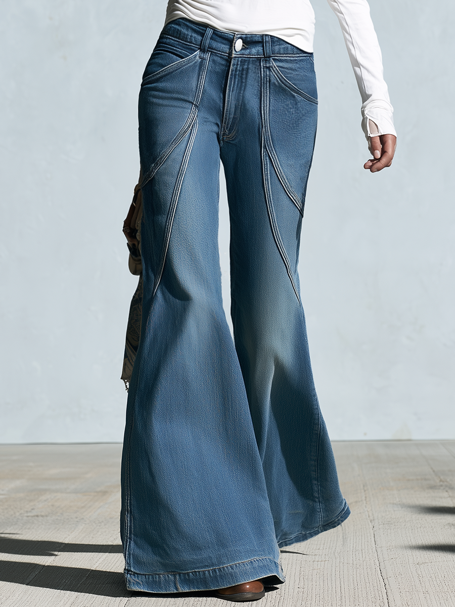 Vintage Medium Blue Women Mid Rise Curved Seam Flare Denim Jeans