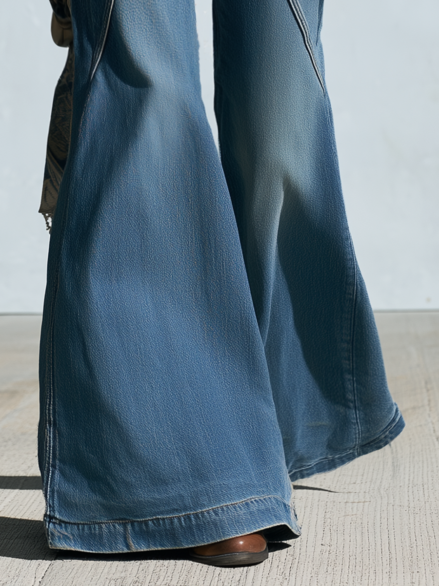 Vintage Medium Blue Women Mid Rise Curved Seam Flare Denim Jeans