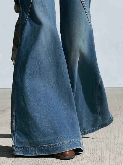 Vintage Medium Blue Women Mid Rise Curved Seam Flare Denim Jeans